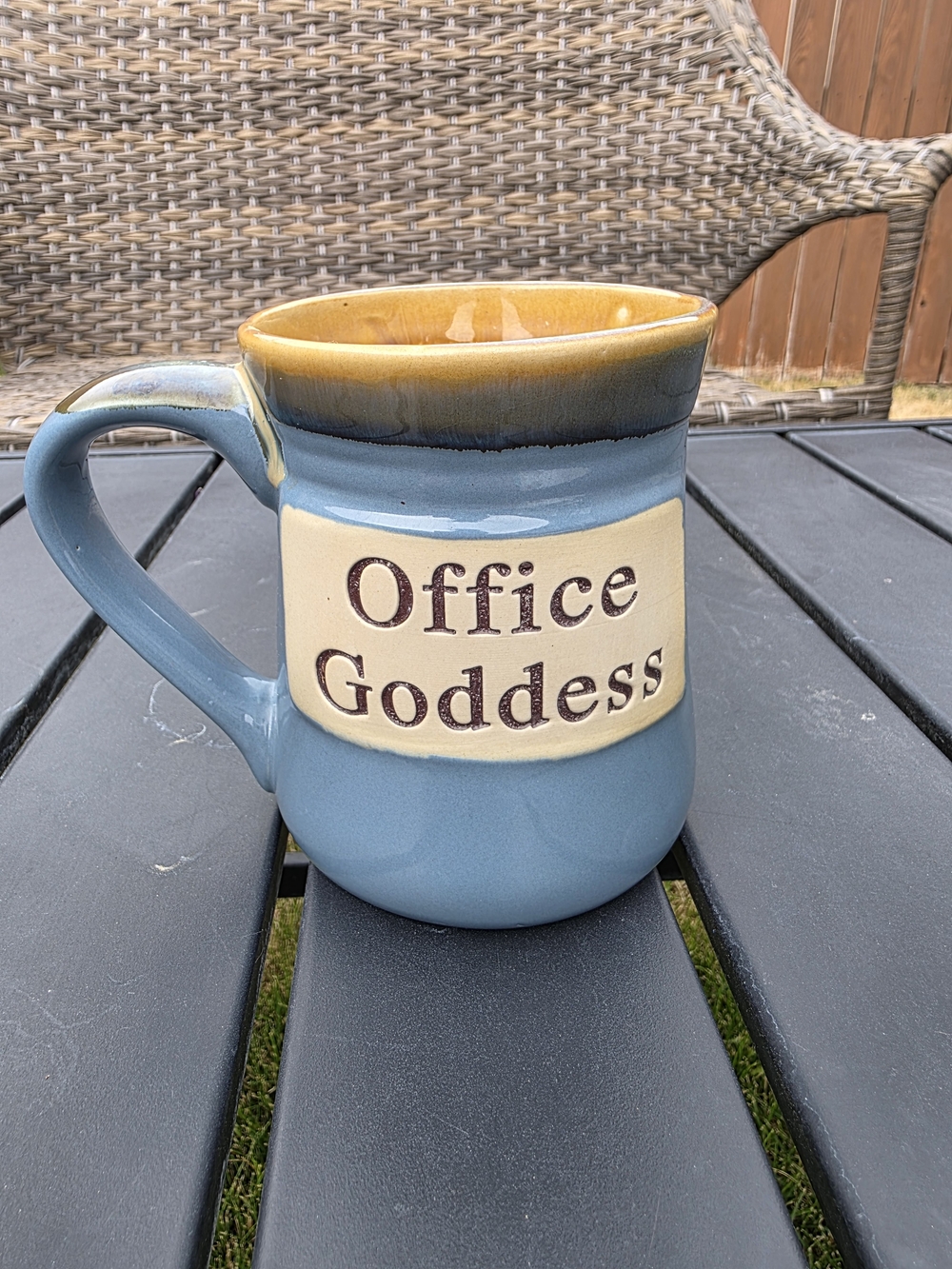 LTD Commodities Office Goddess Mug Drip Glaze Stoneware Novelty Blue Yellow
